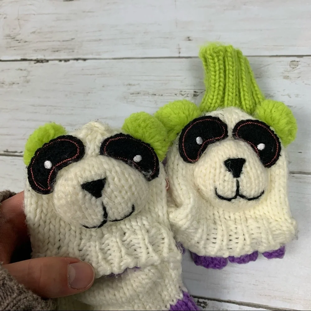 Panda Convertible Fingerless Flip Top Knit Mittens